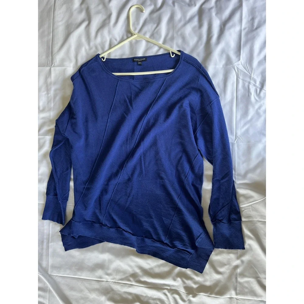 Eileen Fisher Woman Sweater Womens 1X Blue Merino Wool Asymmetrical Hem Pullover - Picture 3 of 13